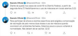 Uso de máscara deixa de ser obrigatório em locais abertos no DF, a partir de segunda-feira — Foto: Reprodução/Twitter